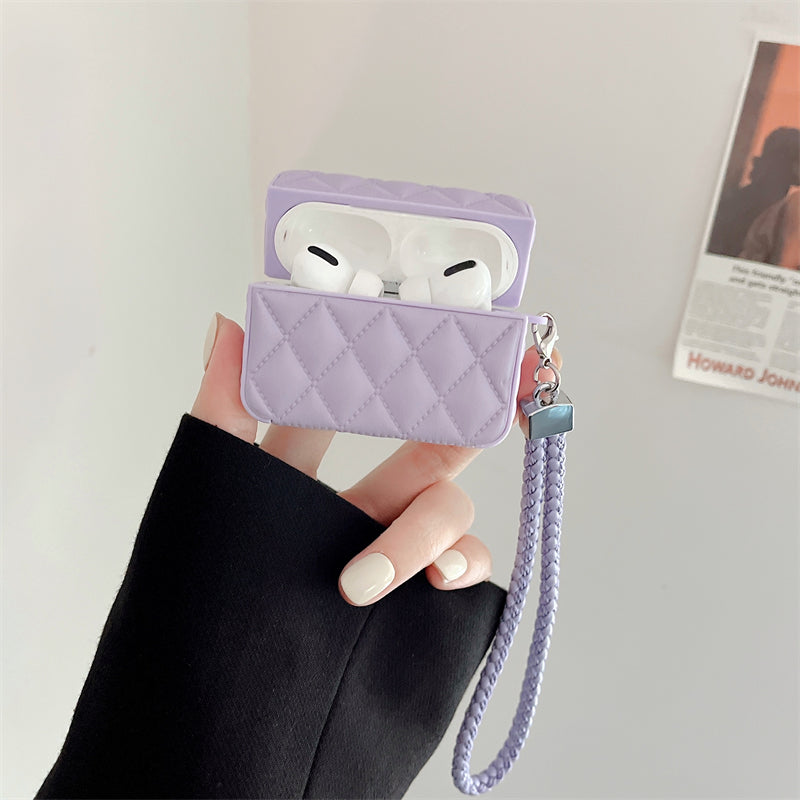 Diamond Grid AirPods Case with Leather Lanyard Purple-LXK240703