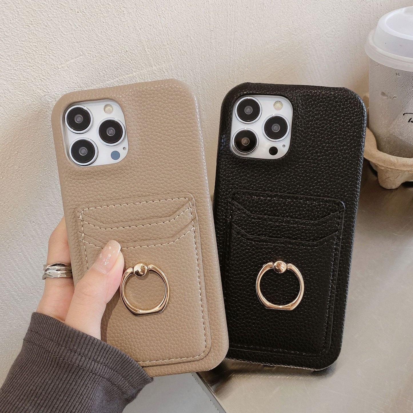 Leather Phone Case For iPhone with Card Holder Black-SHW240110