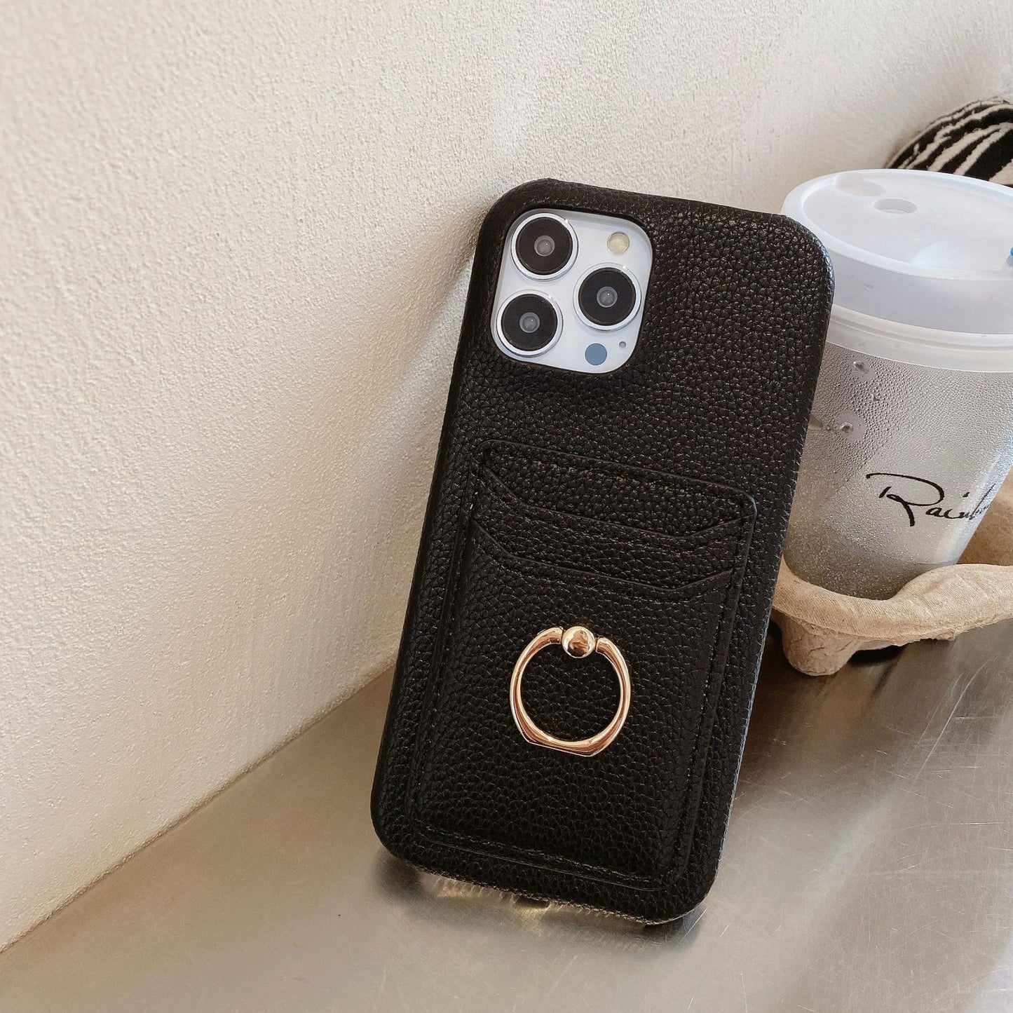 Leather Phone Case For iPhone with Card Holder Black-SHW240110