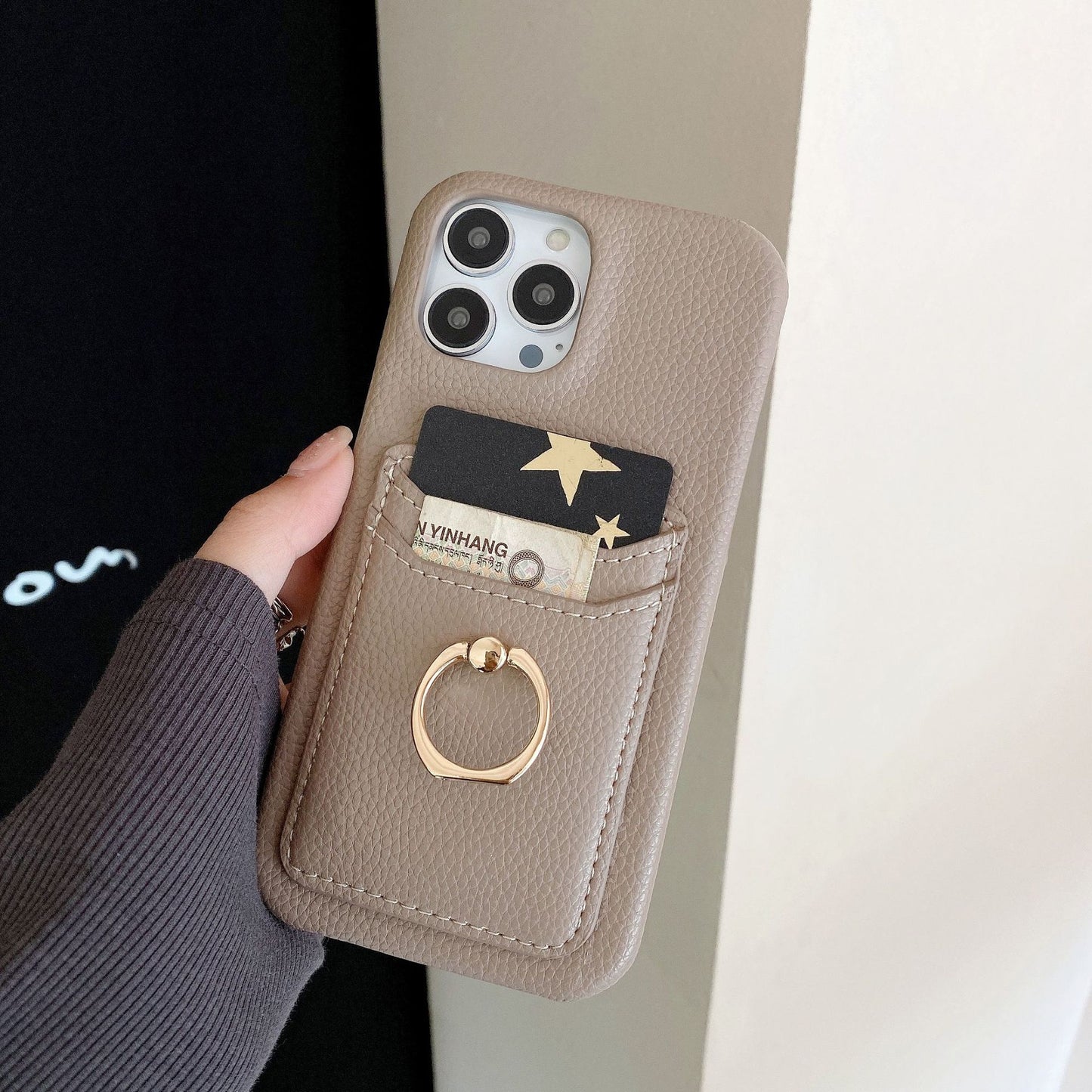 Leather Phone Case For iPhone with Card Holder Black-SHW240110