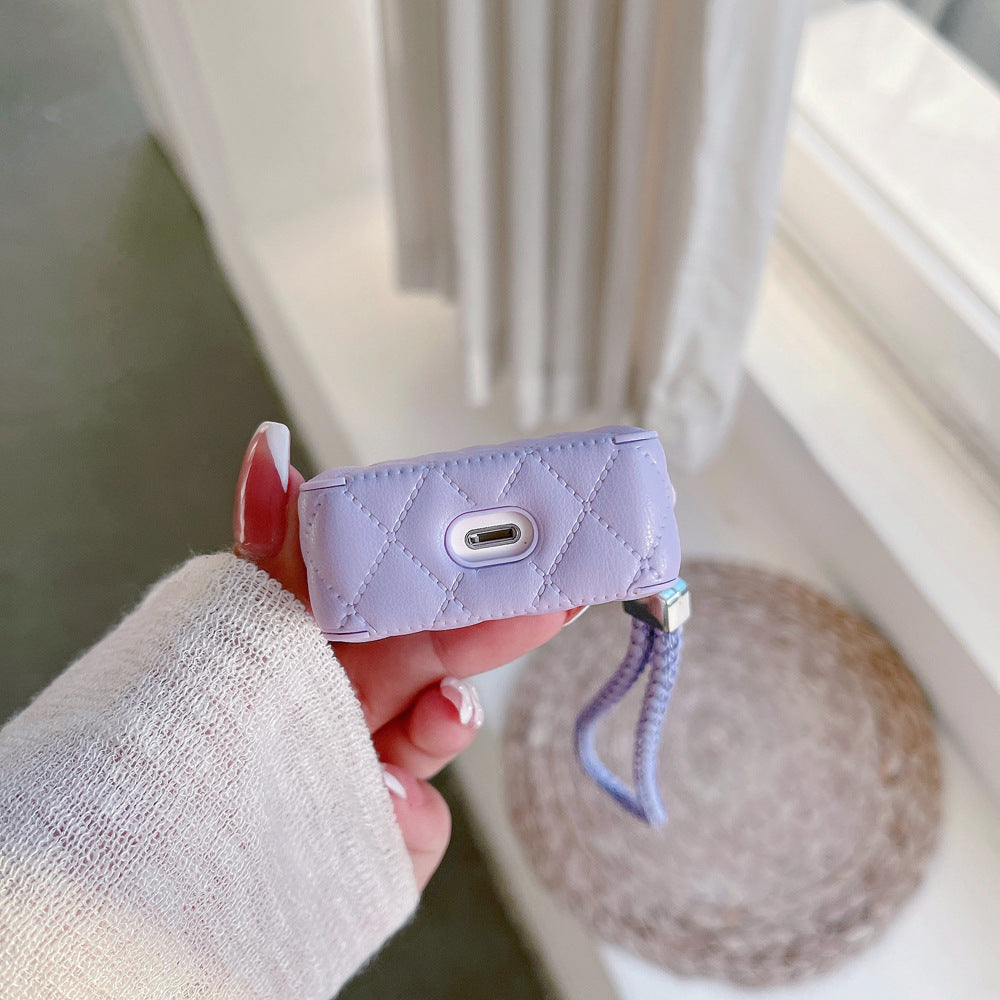 Diamond Grid AirPods Case with Leather Lanyard Purple-LXK240703