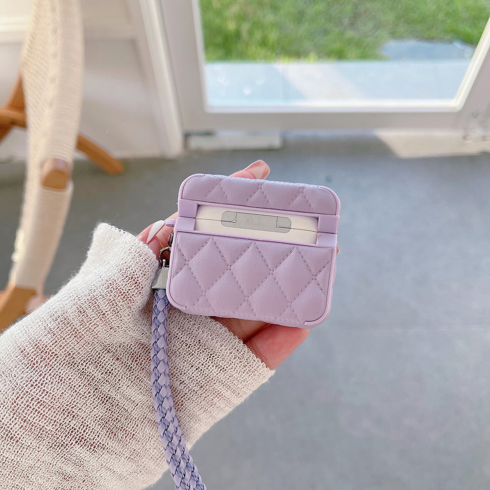 Diamond Grid AirPods Case with Leather Lanyard Purple-LXK240703