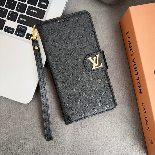 Leather Folio Monogram iPhone Case With Card Holder And Strap Black-CFHYL251127