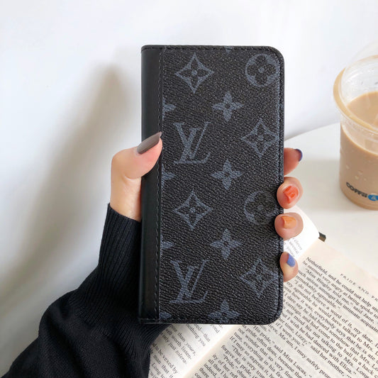 Premium Leather Monogram iPhone Case with Card Slot and Coin Pocket Black Printing-CFHYL2502