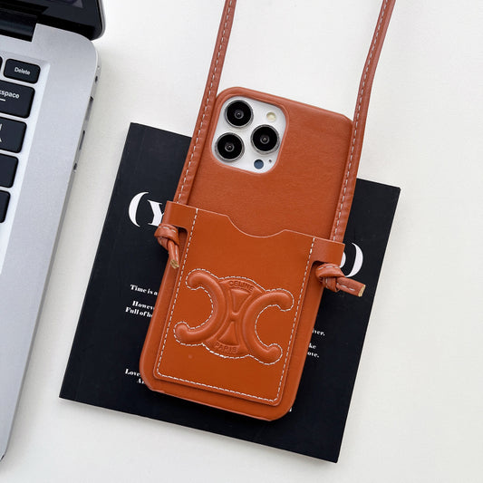 CL iPhone Case With Card Holder and Strap Brown-XK240326