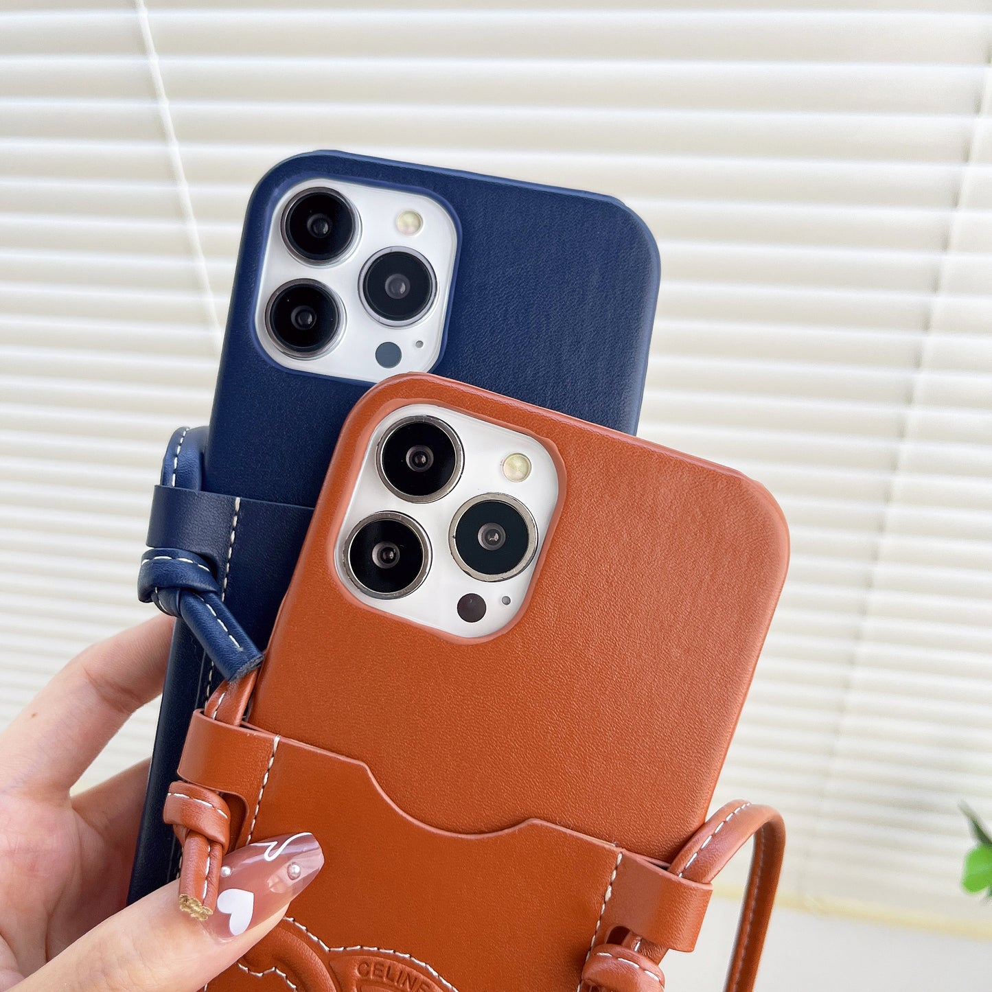 CL iPhone Case With Card Holder and Strap Brown-XK240326