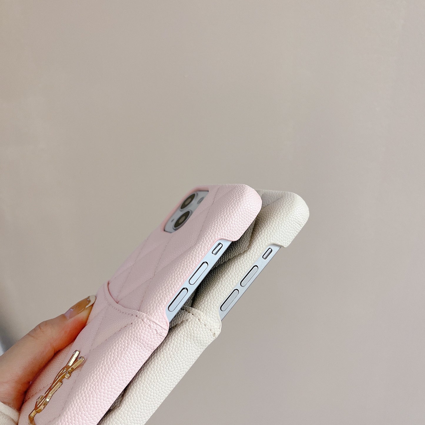 Leather YL iPhone Case With Card Holder Case Pink-LZW240606