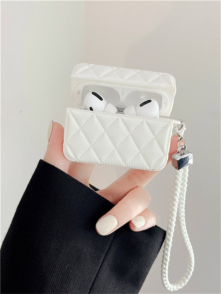 Diamond Grid AirPods Case with Leather Lanyard White-LXK240703