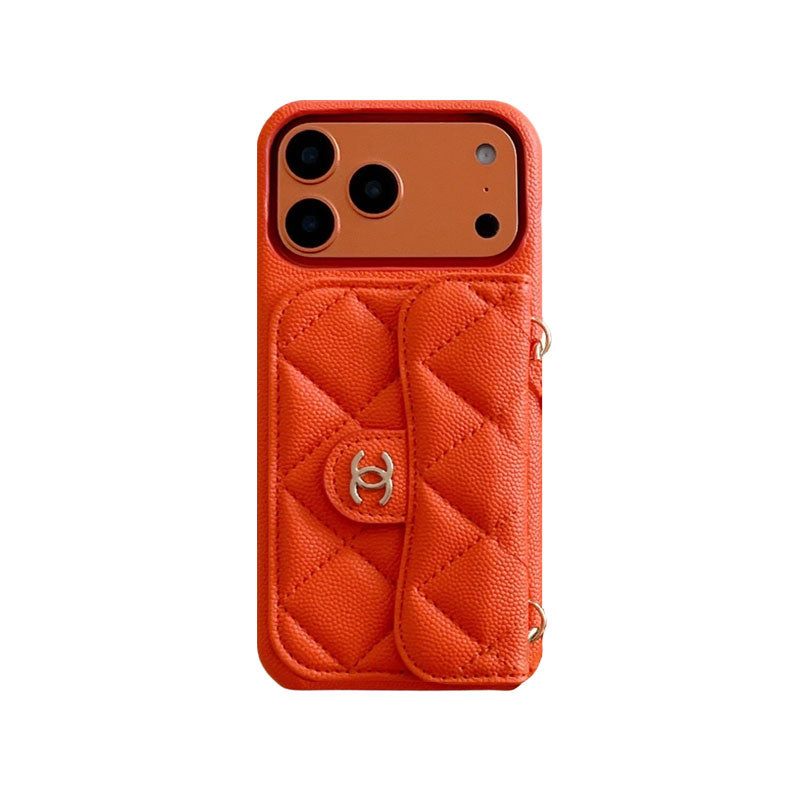 Textured Leather CC iPhone Case With Wallet And Wrist Strap Brown For iPhone 17 Series-CYCC045