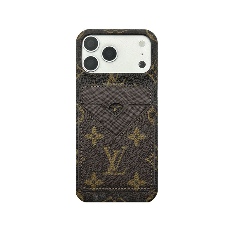 Elegant Leather Monogram iPhone Case With Magnetic Card Holder Black Printing For iPhone 17 Series-CYLV067