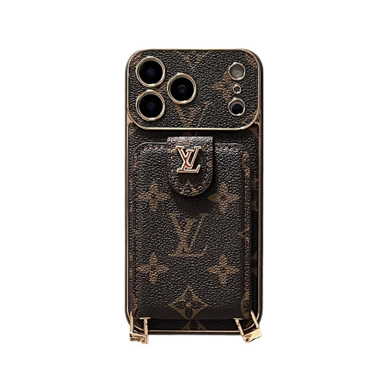 Elegant Leather Monogram iPhone Case With Card Holder And Strap For iPhone 17 Series-CYLV007