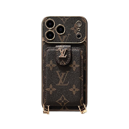 Elegant Leather Monogram iPhone Case With Card Holder And Strap For iPhone 17 Series-CYLV007