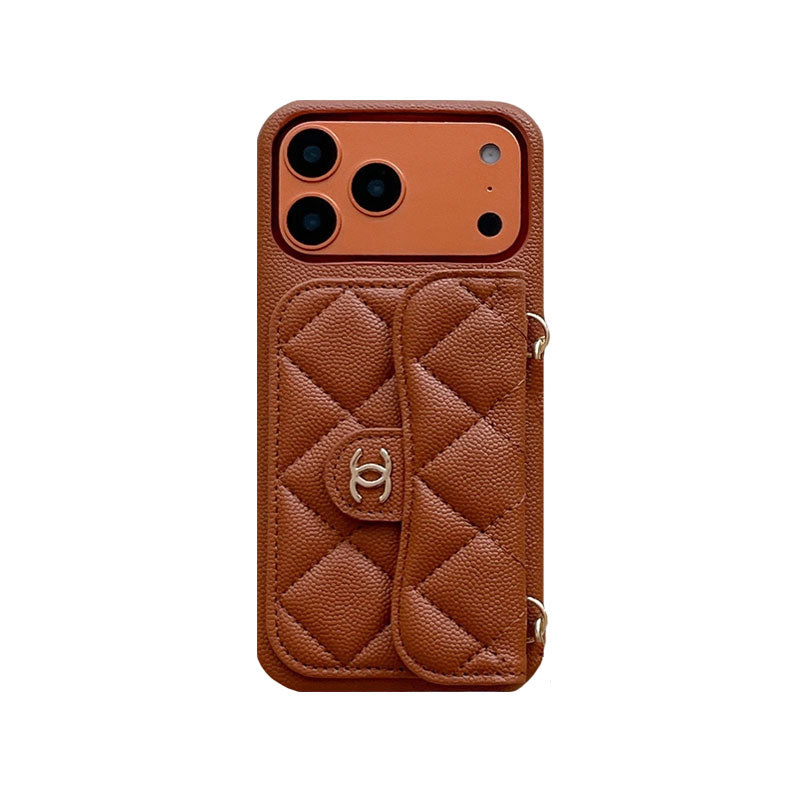Textured Leather CC iPhone Case With Wallet And Wrist Strap Brown For iPhone 17 Series-CYCC045
