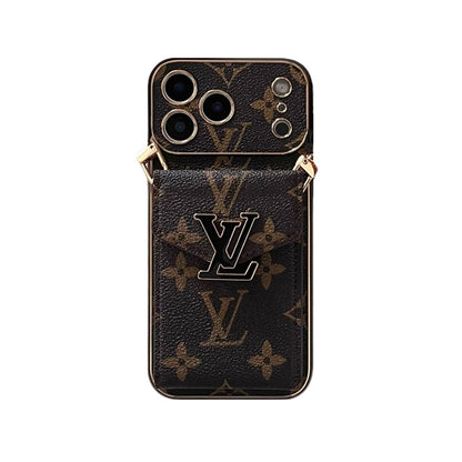 Leather Monogram iPhone Case With Card Holder And Strap For iPhone 17 Series-CYLV004