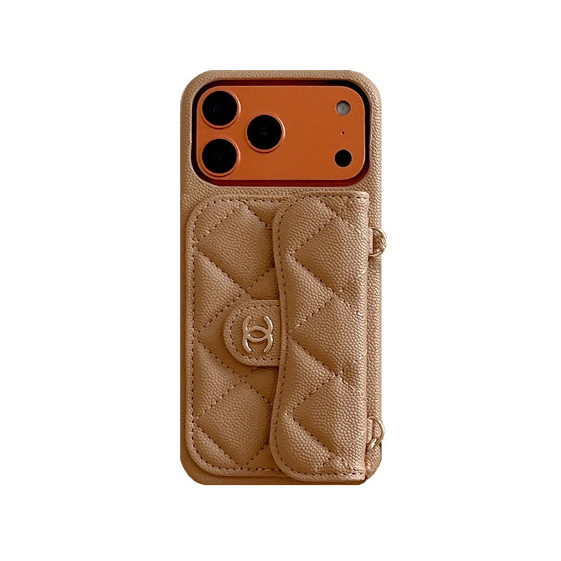 Elegant Leather CC iPhone Case With Wallet And Crossbody Strap Orange For iPhone 17 Series-CYCC030