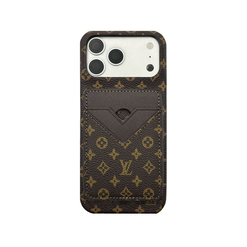 Elegant Leather Monogram iPhone Case With Magnetic Card Holder Black Printing For iPhone 17 Series-CYLV067