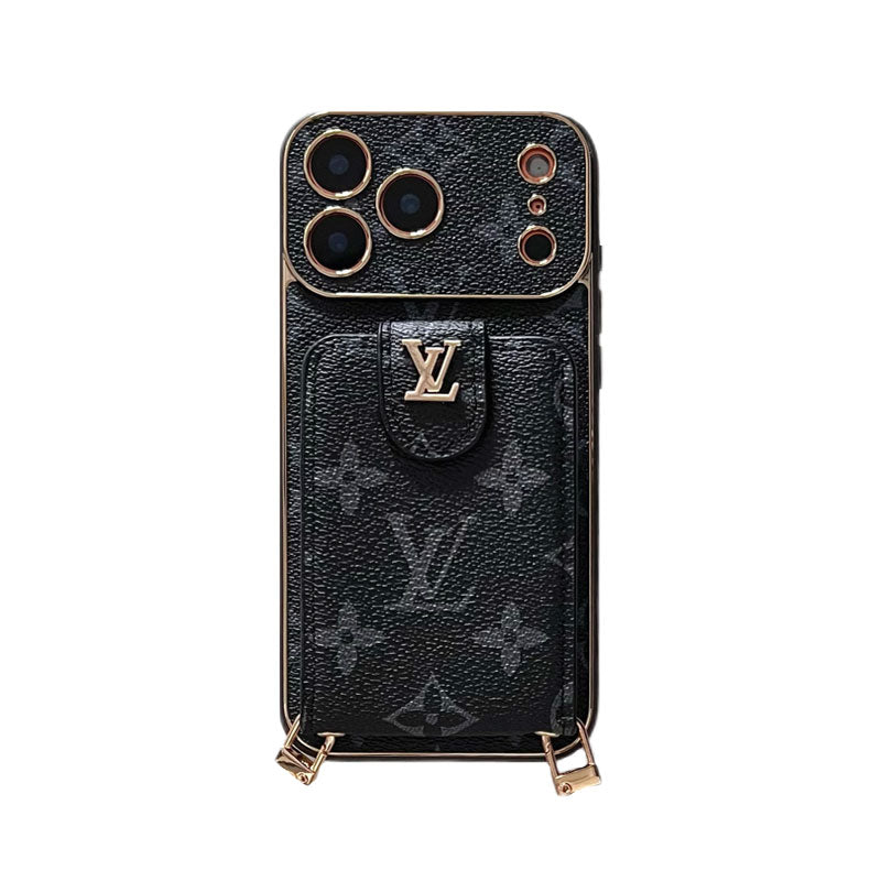Elegant Leather Monogram iPhone Case With Card Holder And Strap For iPhone 17 Series-CYLV007