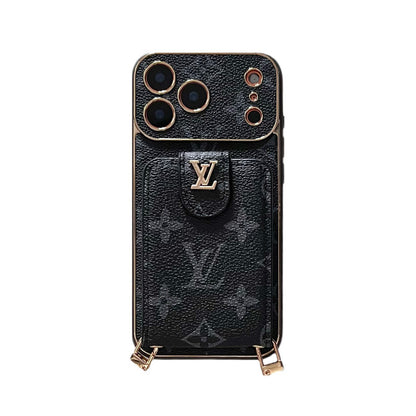 Elegant Leather Monogram iPhone Case With Card Holder And Strap For iPhone 17 Series-CYLV007