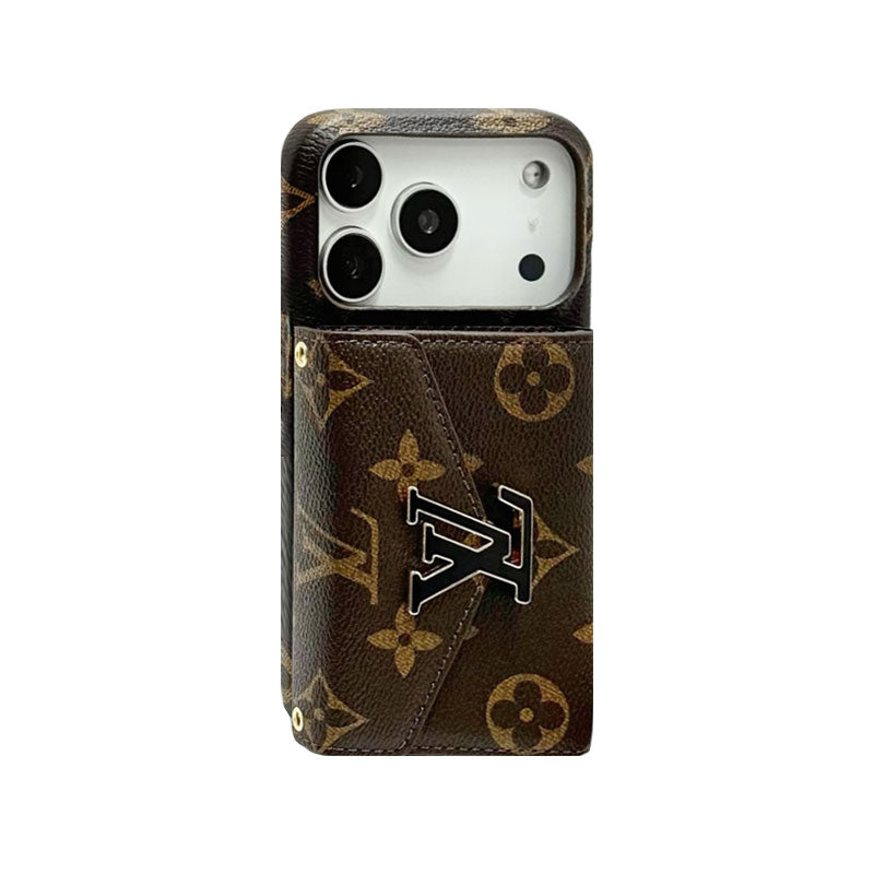 Stylish Leather Monogram iPhone Case With Card Holder And Strap For iPhone 17 Series-CYLV027