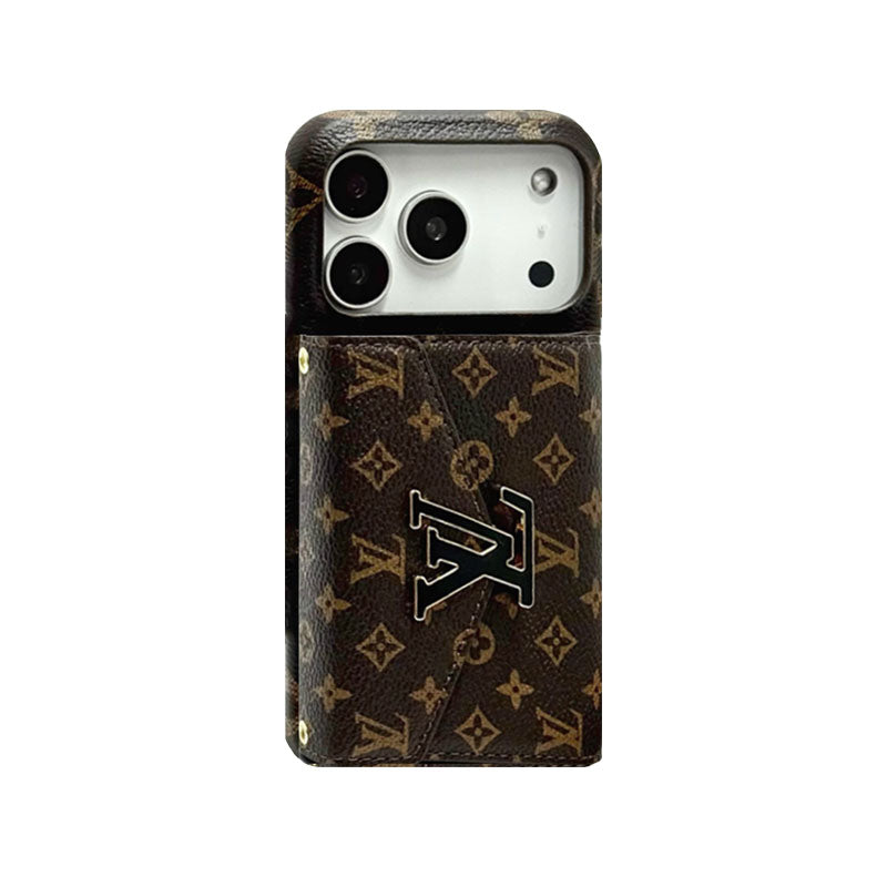 Stylish Leather Monogram iPhone Case With Card Holder And Strap For iPhone 17 Series-CYLV027