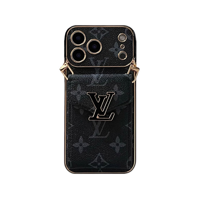 Leather Monogram iPhone Case With Card Holder And Strap For iPhone 17 Series-CYLV004