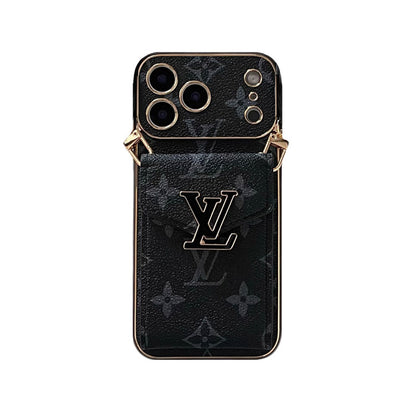 Leather Monogram iPhone Case With Card Holder And Strap For iPhone 17 Series-CYLV004