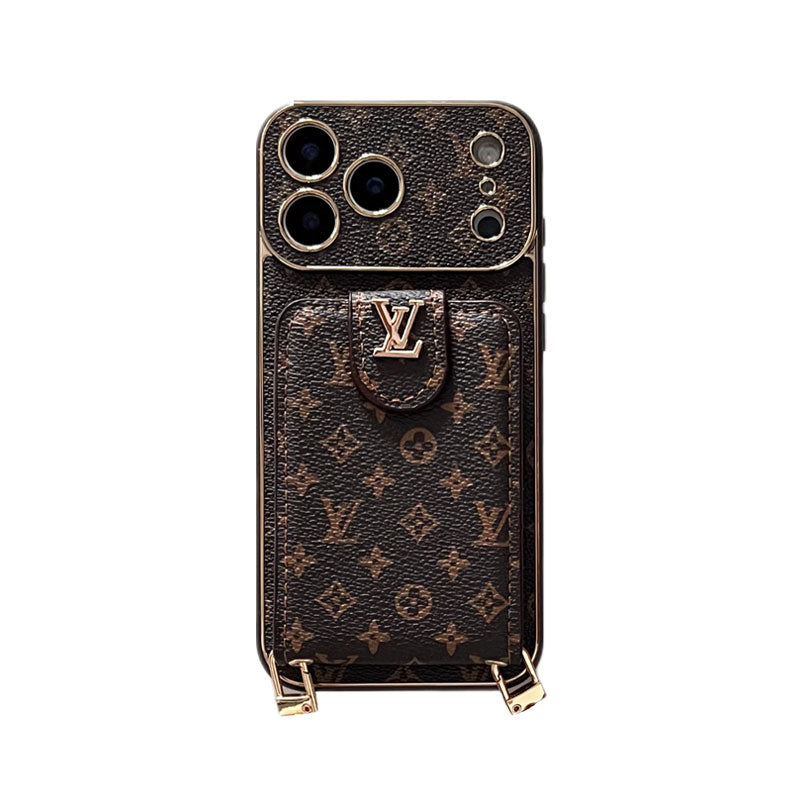 Elegant Leather Monogram iPhone Case With Card Holder And Strap For iPhone 17 Series-CYLV007