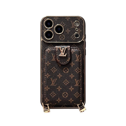Elegant Leather Monogram iPhone Case With Card Holder And Strap For iPhone 17 Series-CYLV007