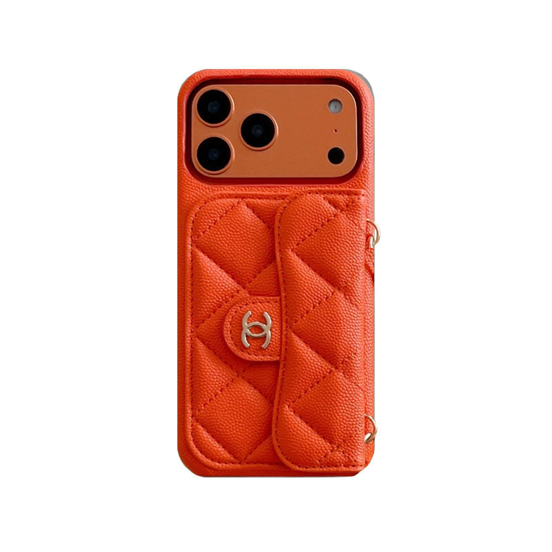 Elegant Leather CC iPhone Case With Wallet And Crossbody Strap Orange For iPhone 17 Series-CYCC030