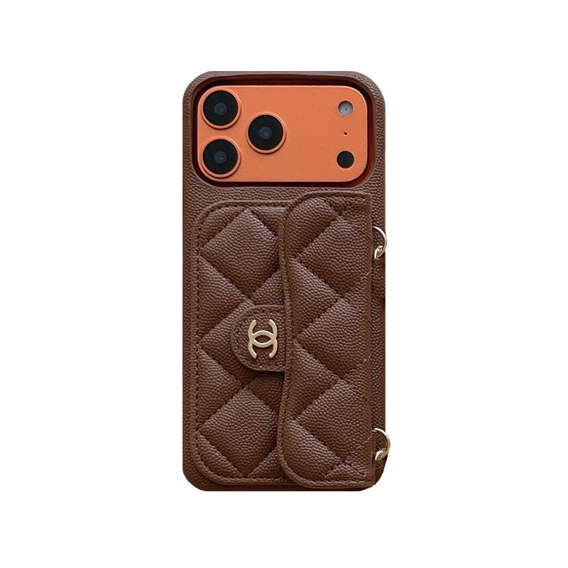 Textured Leather CC iPhone Case With Wallet And Wrist Strap Brown For iPhone 17 Series-CYCC033