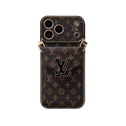 Leather Monogram iPhone Case With Card Holder And Strap For iPhone 17 Series-CYLV004
