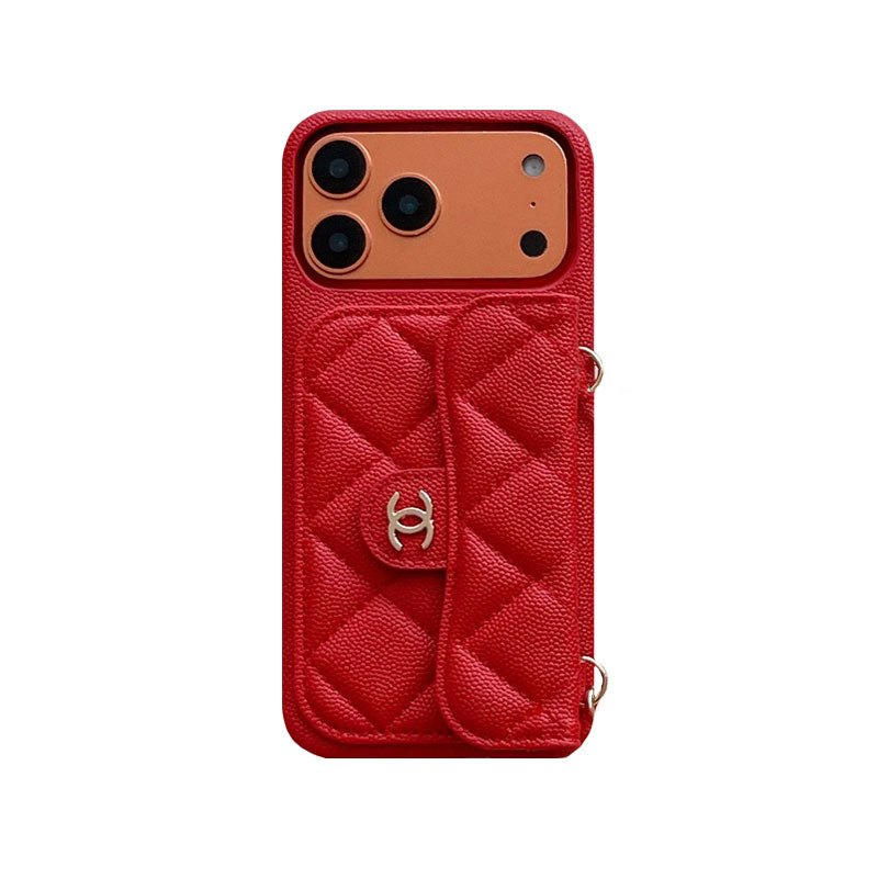 Textured Leather CC iPhone Case With Wallet And Wrist Strap Brown For iPhone 17 Series-CYCC045