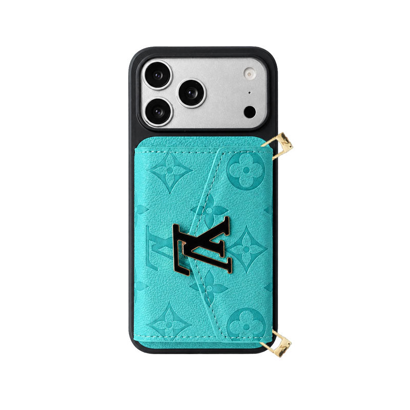 Premium Leather Monogram iPhone Case With  Card Holder And Crossbody Strap For iPhone 17 Series-CYLV215