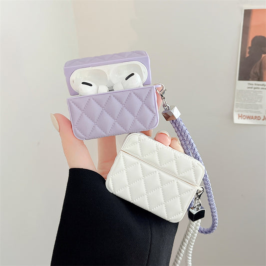 Diamond Grid AirPods Pro  Case with Leather Lanyard Purple-LXK240703