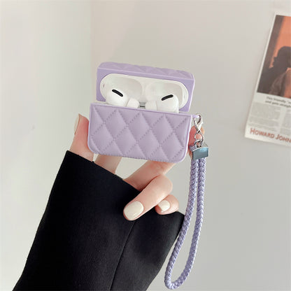 Diamond Grid AirPods Case with Leather Lanyard Purple-LXK240703