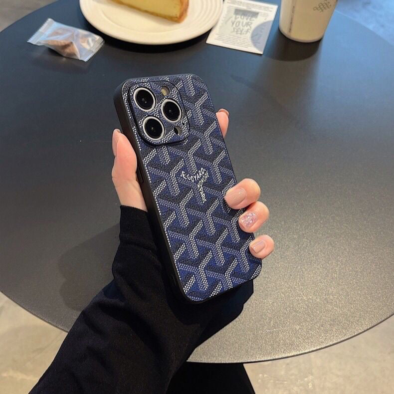 Leather GD iPhone Case With Lens Protection Blue-SJK240807