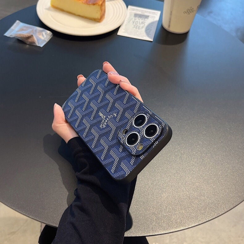 Leather GD iPhone Case With Lens Protection Blue-SJK240807