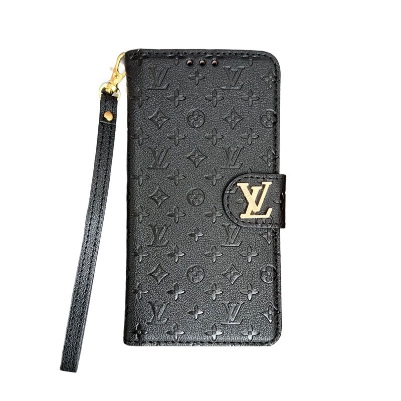 Leather Folio Monogram iPhone Case With Card Holder And Strap Black-CFHYL251127