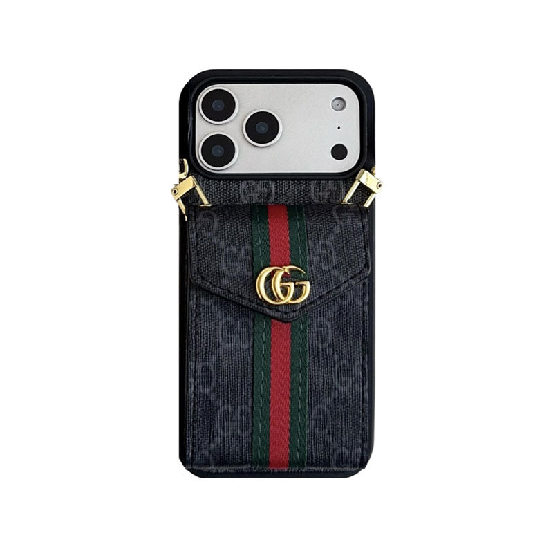 Classic Leather GG iPhone Case With Card Holder And Strap Black-CFK251106