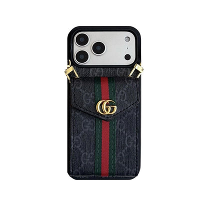 Classic Leather GG iPhone Case With Card Holder And Strap Black-CFK251106