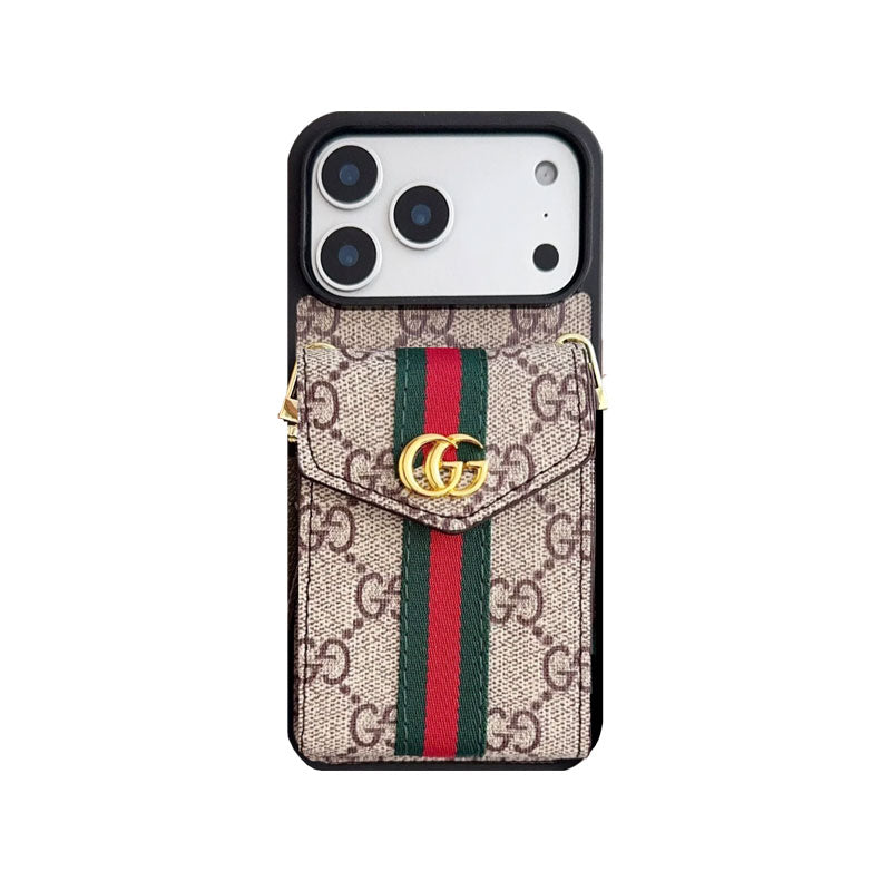 Classic Leather GG iPhone Case With Card Holder And Strap Brown-CFK251106