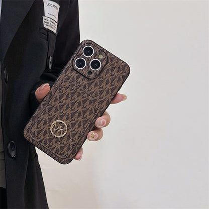 Leather MK iPhone Case With Card Holder Brown-MKC241620