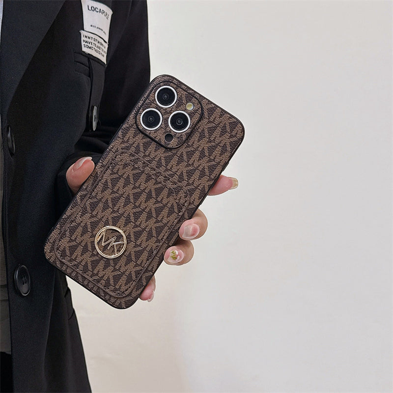 Leather MK iPhone Case With Card Holder Brown-MKC241620