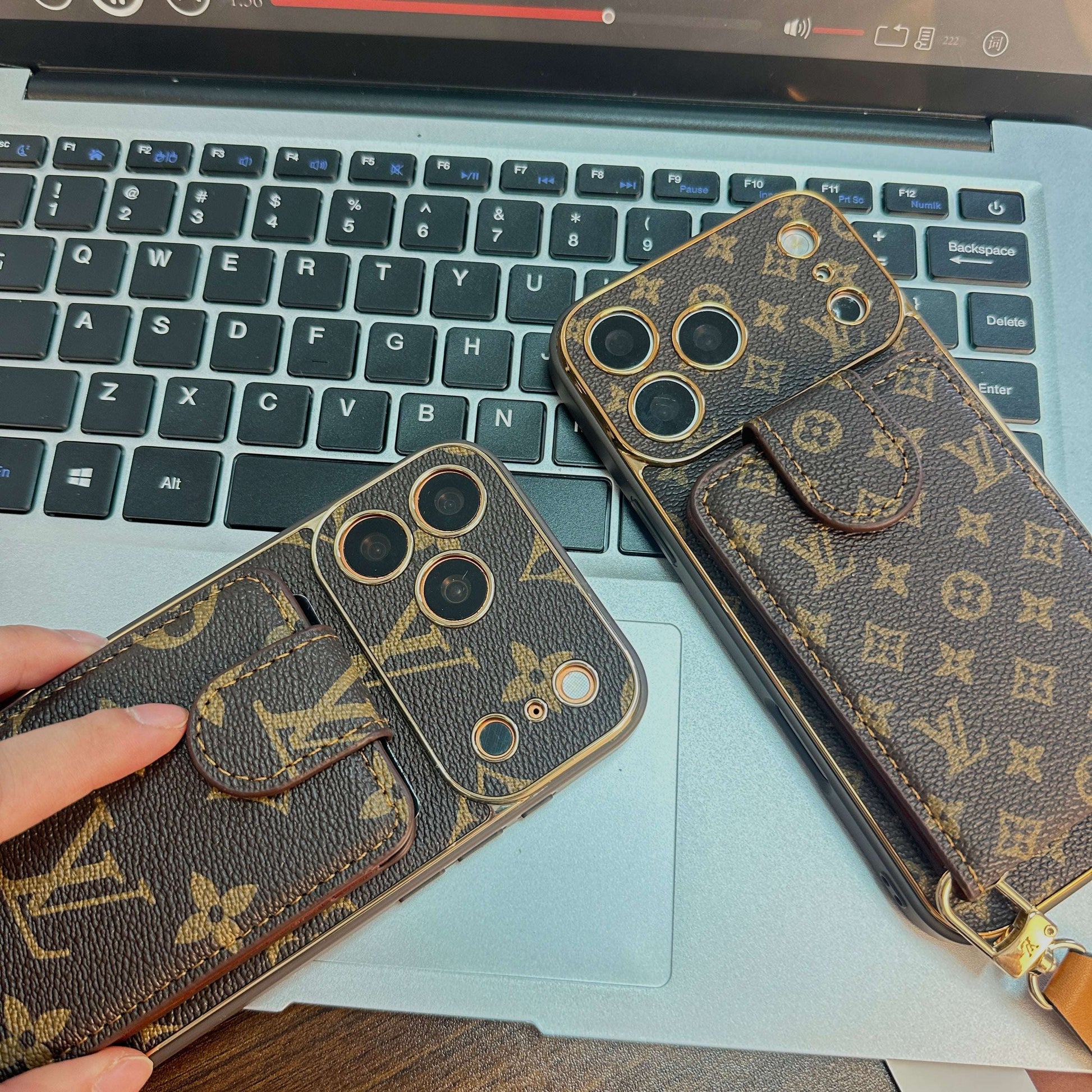 Leather Monogram iPhone Case With Wallet And Crossbody Strap For iPhone 17 Series-CYLV132