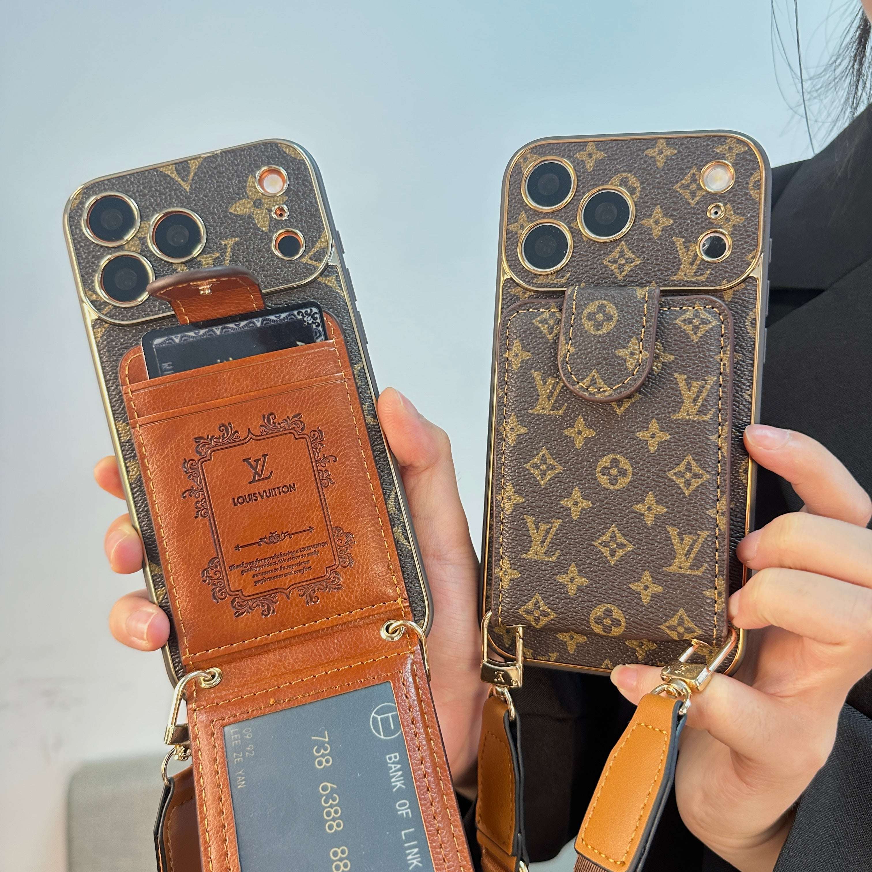 Luxury Leather Monogram iPhone Case With Wallet And Crossbody Strap For iPhone 17 Series-CYLV125