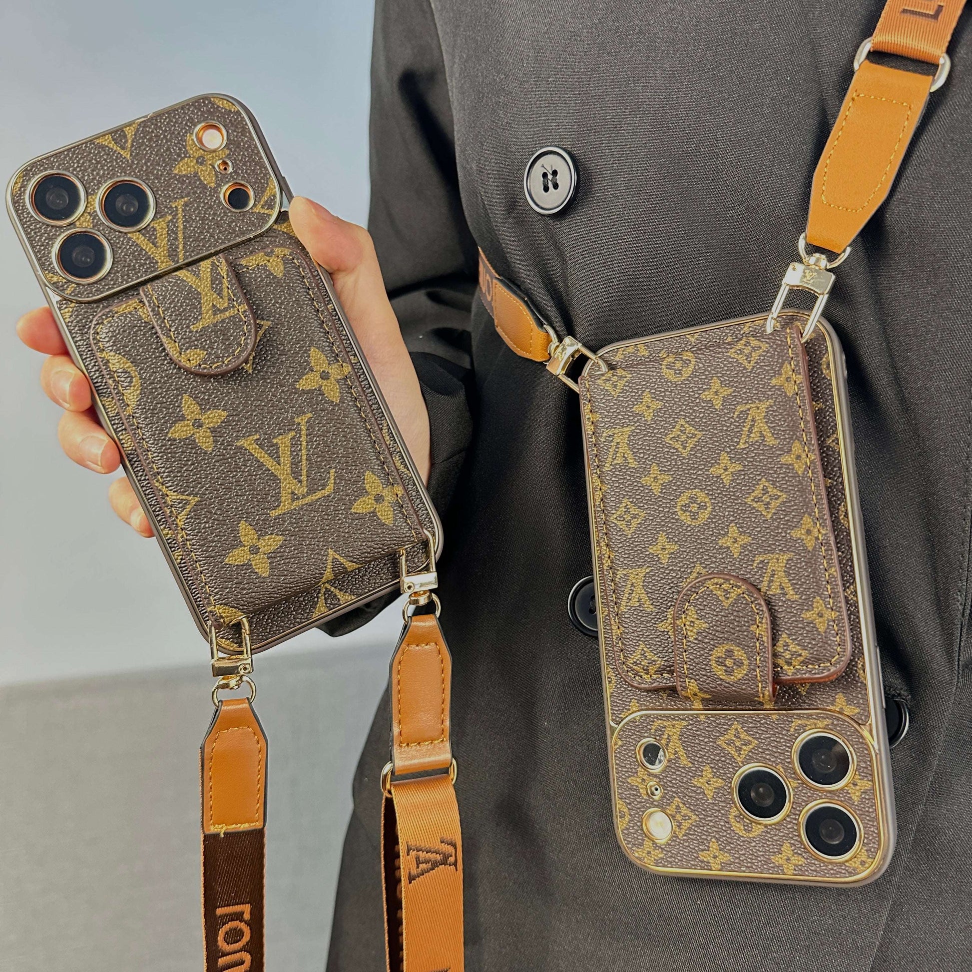 Leather Monogram iPhone Case With Wallet And Crossbody Strap For iPhone 17 Series-CYLV132