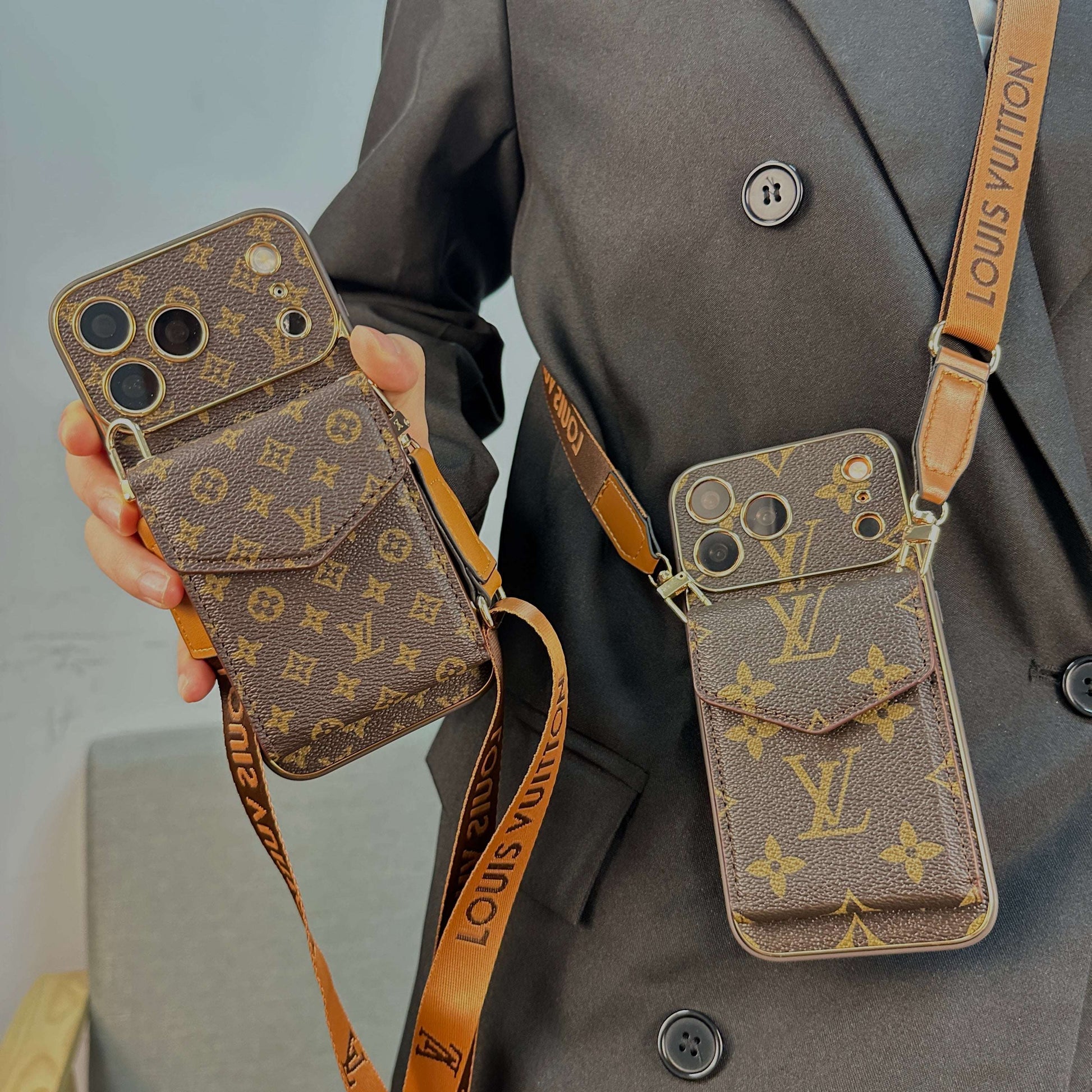 Classic Leather Monogram iPhone Case With Wallet And Crossbody Strap For iPhone 17 Series-CYLV127