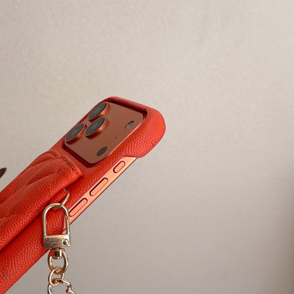 Textured Leather CC iPhone Case With Wallet And Wrist Strap Orange For iPhone 17 Series-CYCC032