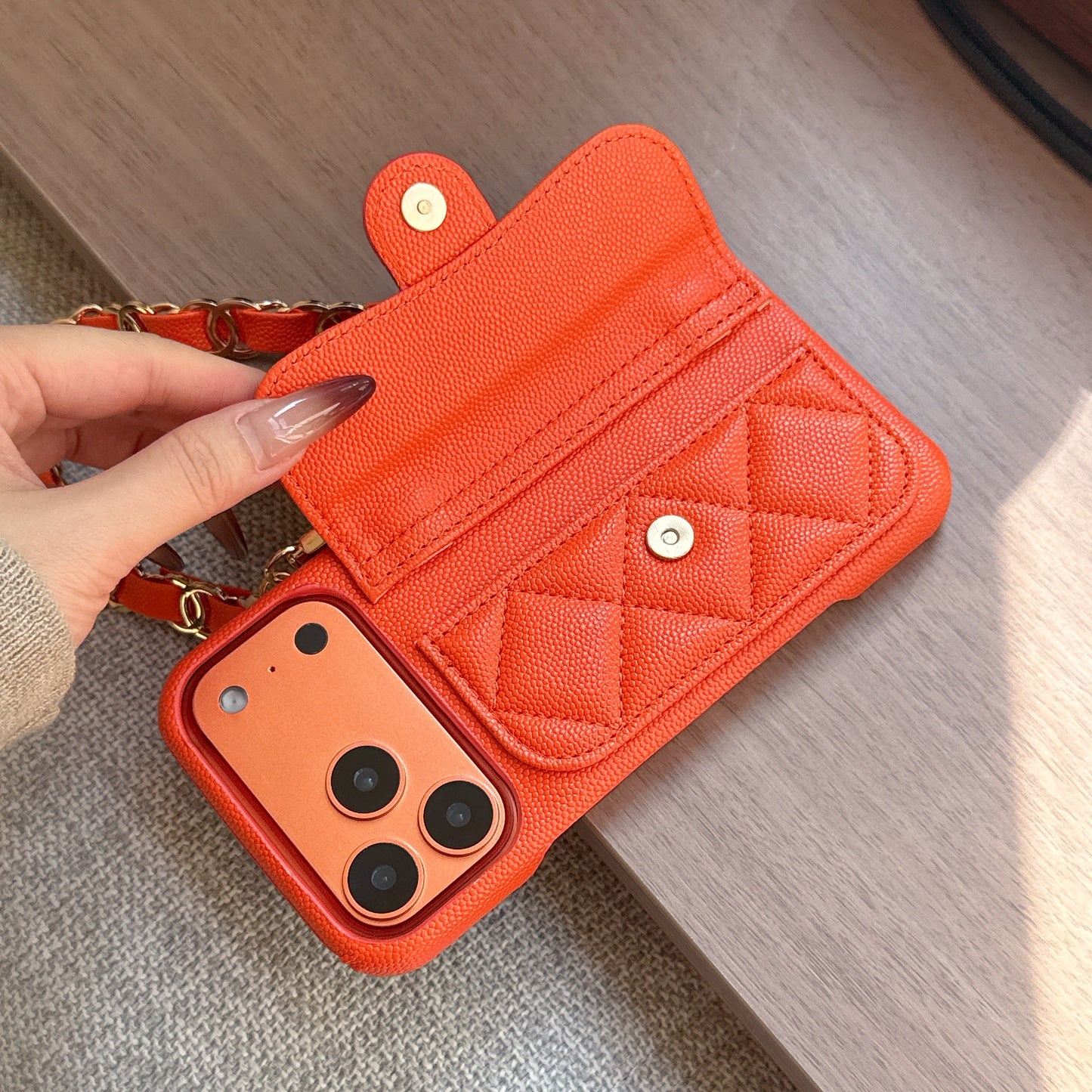 Textured Leather CC iPhone Case With Wallet And Wrist Strap Orange For iPhone 17 Series-CYCC032
