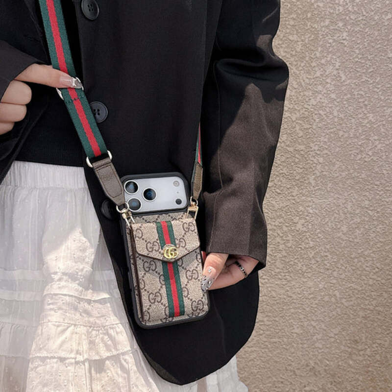 Classic Leather GG iPhone Case With Card Holder And Strap Brown-CFK251106